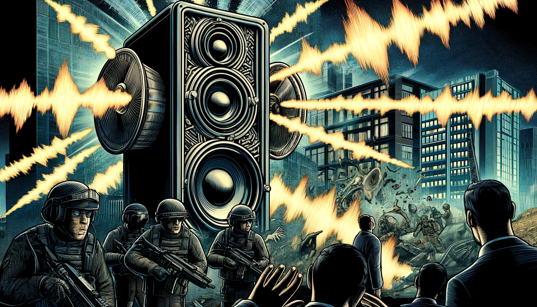 DALL·E 2024 06 10 11.22.02 A comic book style image depicting the weaponization of sound. The scene shows futuristic military technology emitting powerful sound waves as weapons