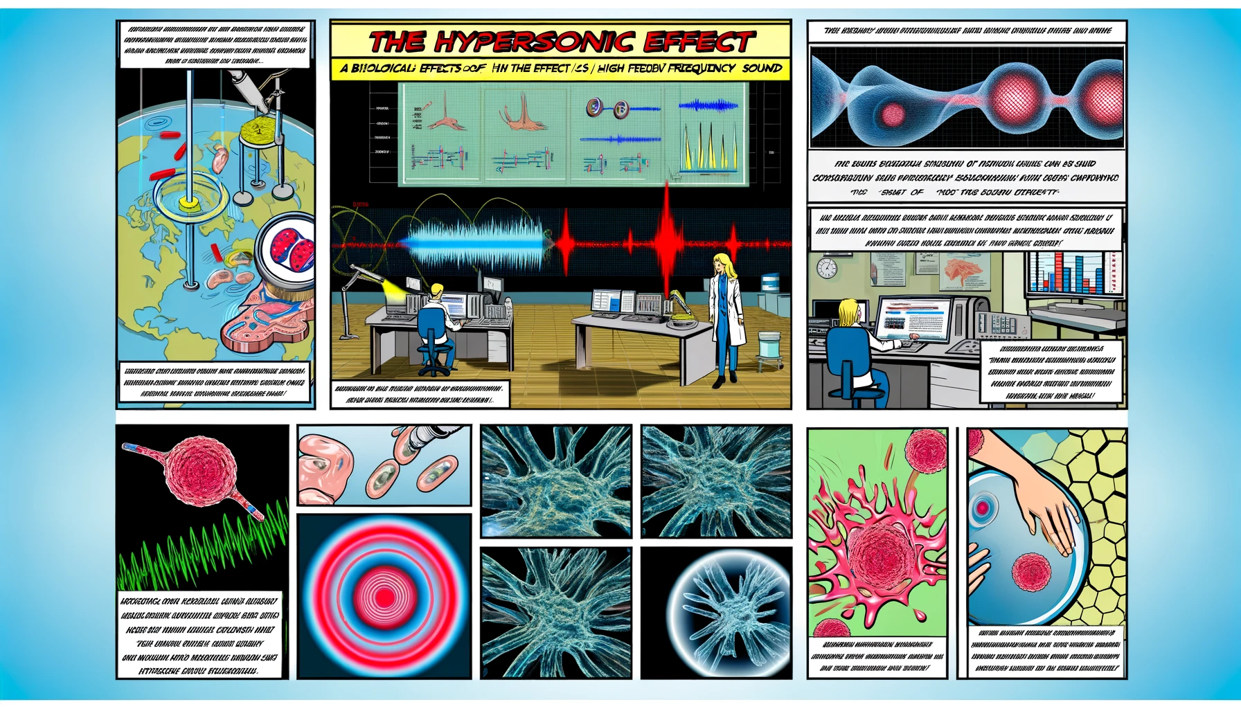 DALL·E 2024 06 10 15.23.35 A comic book style image illustrating the biological effects of high frequency sound focusing on the hypersonic effect. The central scene shows a lab
