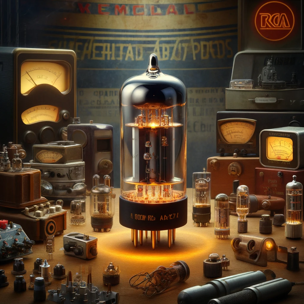 DALL·E 2024 06 11 03.44.44 A detailed depiction of a 12AX7 miniature dual triode vacuum tube prominently displayed in the center. The tube is glowing with a warm light highligh