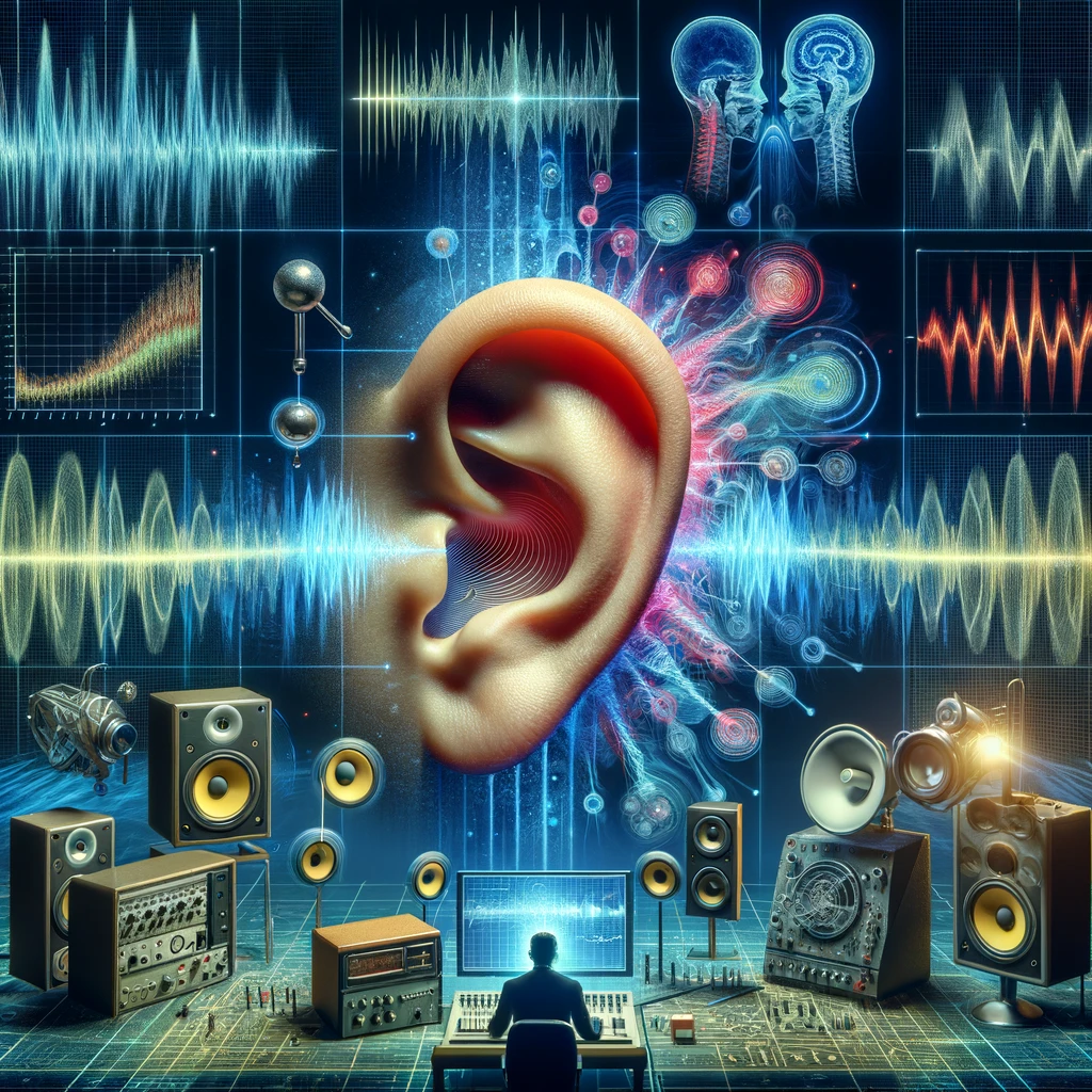 DALL·E 2024 06 11 03.47.39 An artistic representation of auditory perception of nonlinear distortion within psychoacoustics. The image shows a human ear at the center with soun