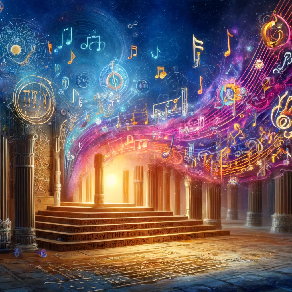DALL·E 2024 06 11 04.01.29 An artistic depiction of ancient alphabets being used to represent sounds with visual symbols transforming into musical notes. The scene includes Egy