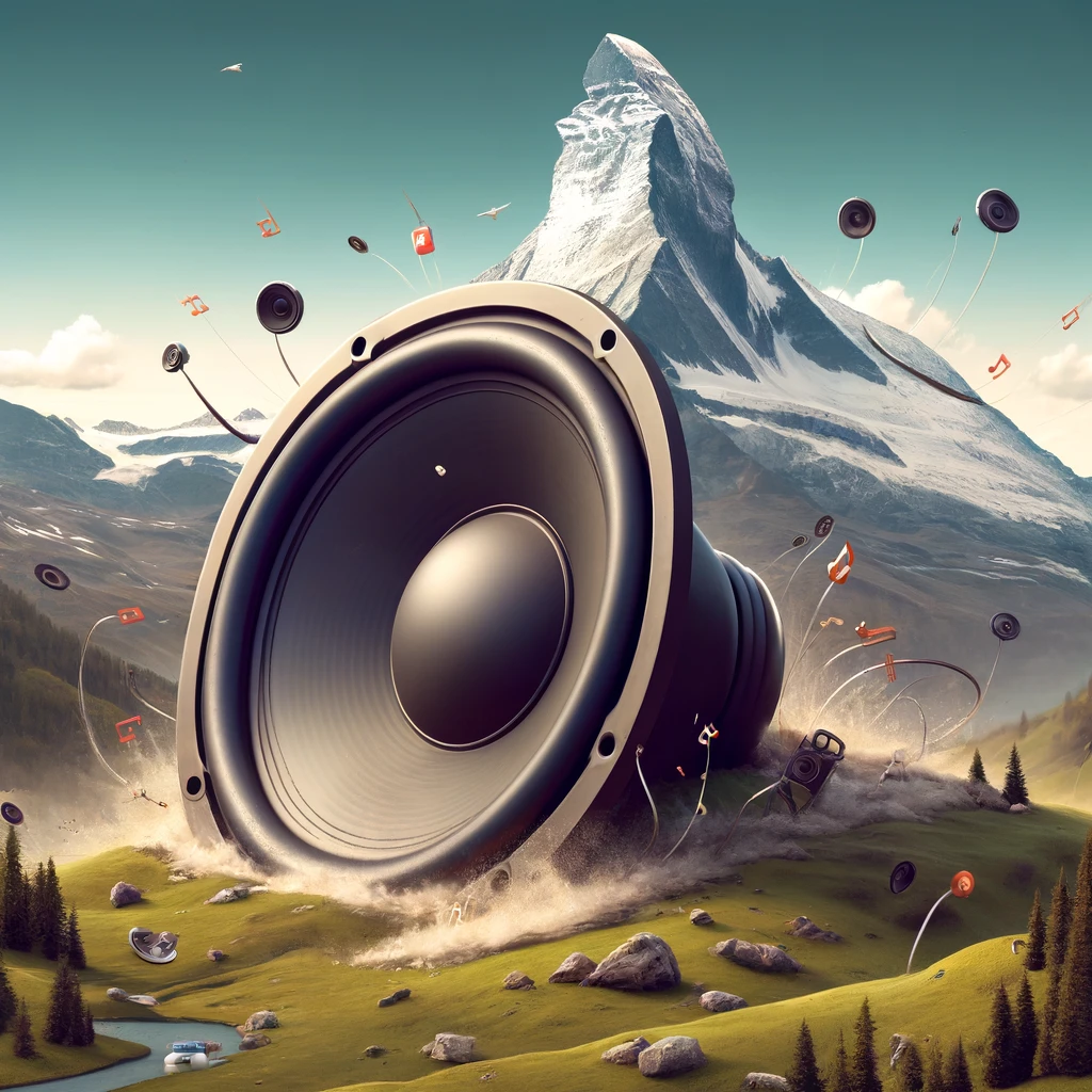 DALL·E 2024 06 11 04.05.19 A whimsical and imaginative depiction of the Matterhorn mountain creatively reimagined as a massive woofer speaker. The mountains iconic shape is pr