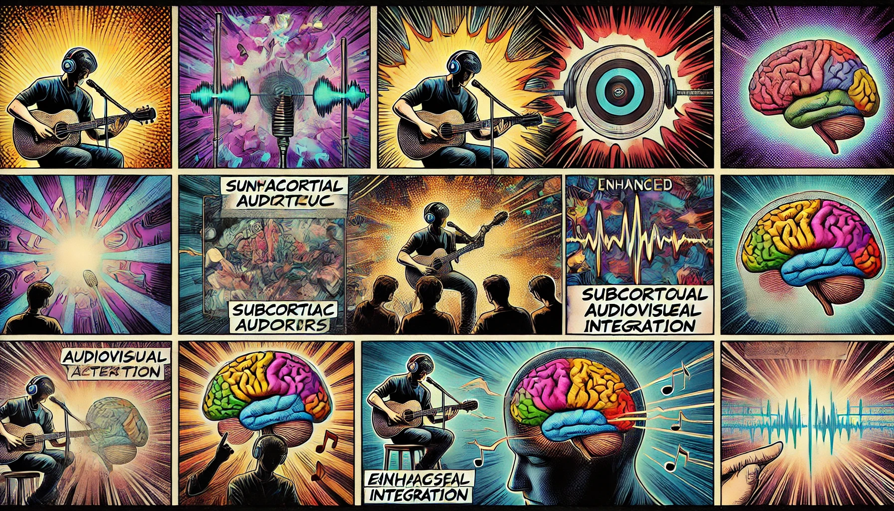DALL·E 2024 07 02 09.10.36 A comic book style image with various panes appearing loosely over a montage integrating content related to musicians enhanced subcortical auditory
