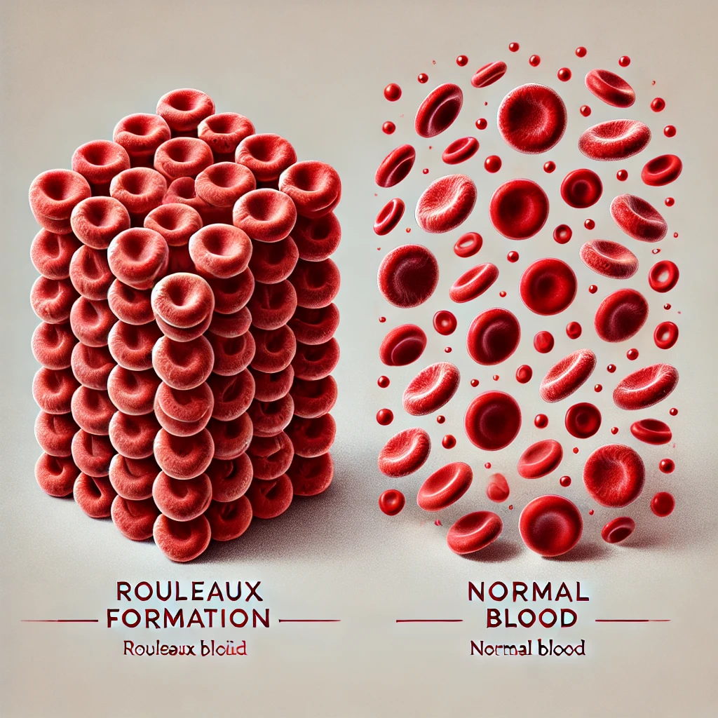 DALL·E 2024 07 02 10.36.38 Create a detailed medical illustration showing a comparison between rouleaux formation stacking clumping of red blood cells and normal blood. On one